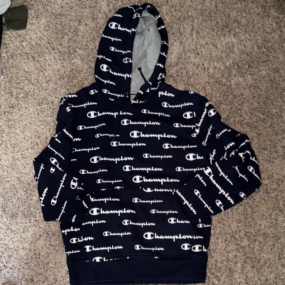 Champion Navy and White Logo Hoodie